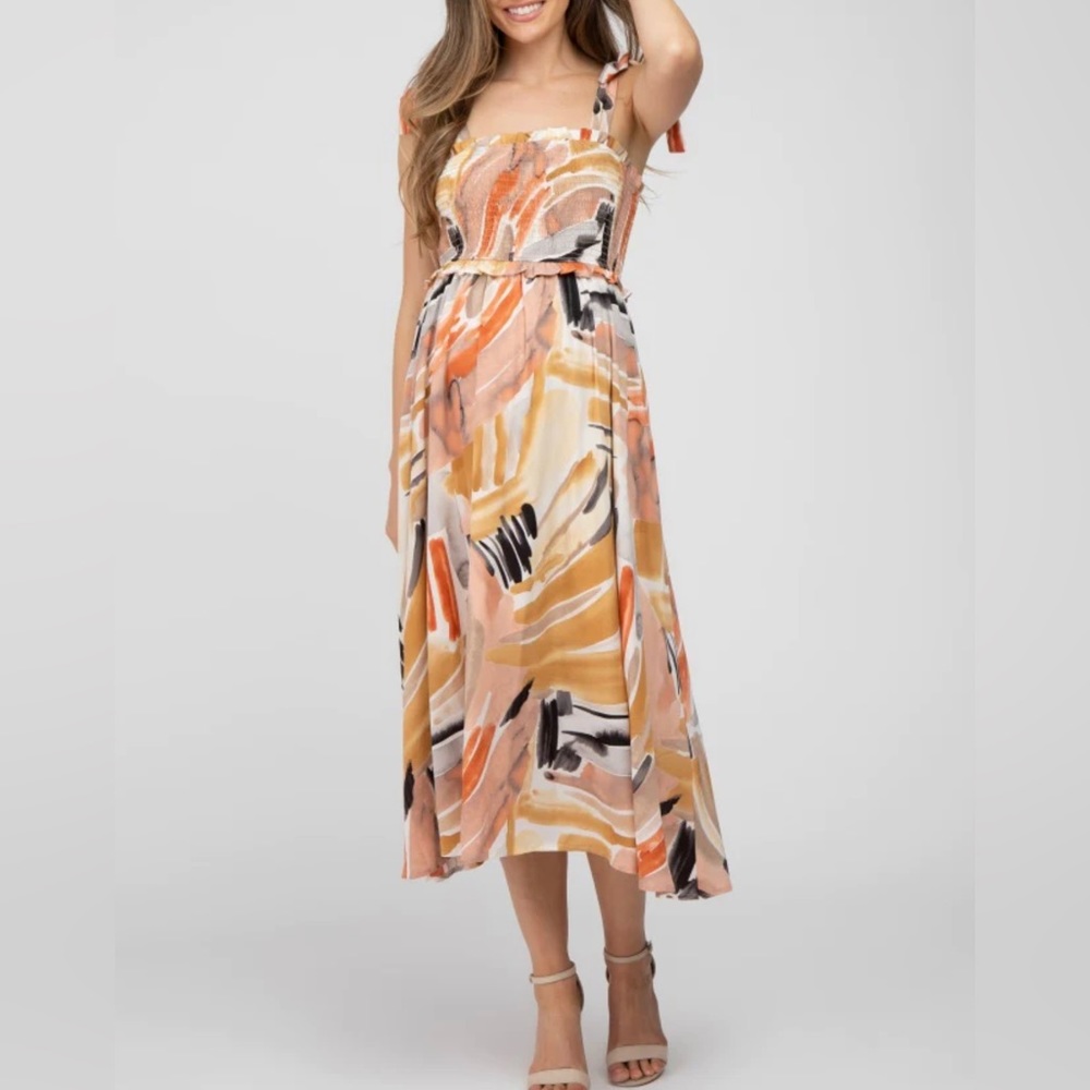 Multi-Colored Stroke Print Smocked Tie Strap Maternity Midi Dress Large